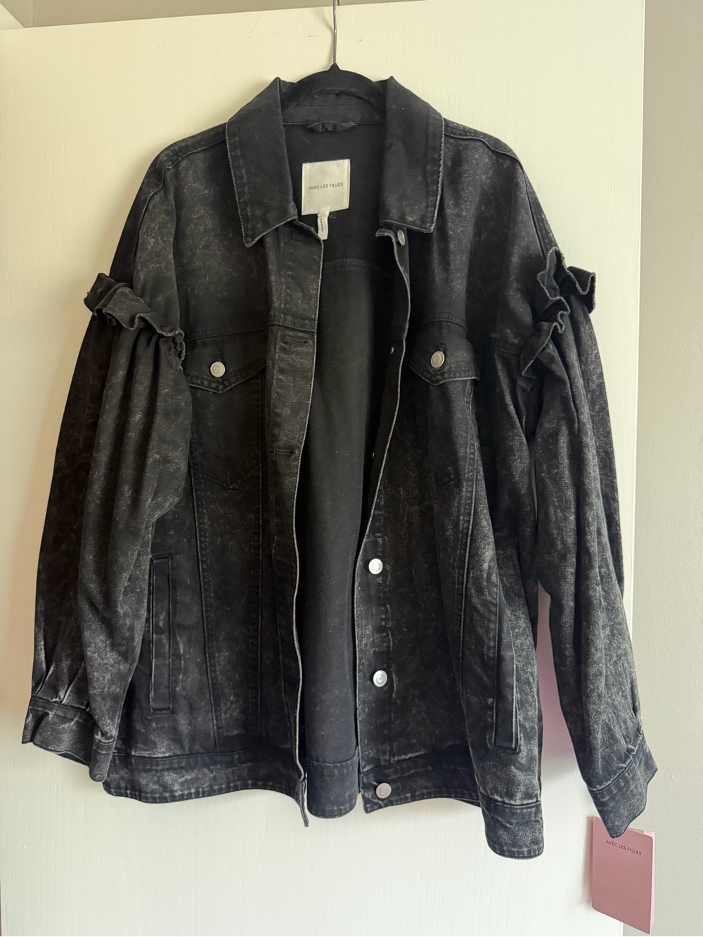 Avec Les Filles Washed Black Women's Denim Jacket with Ruffle Sleeve Detail